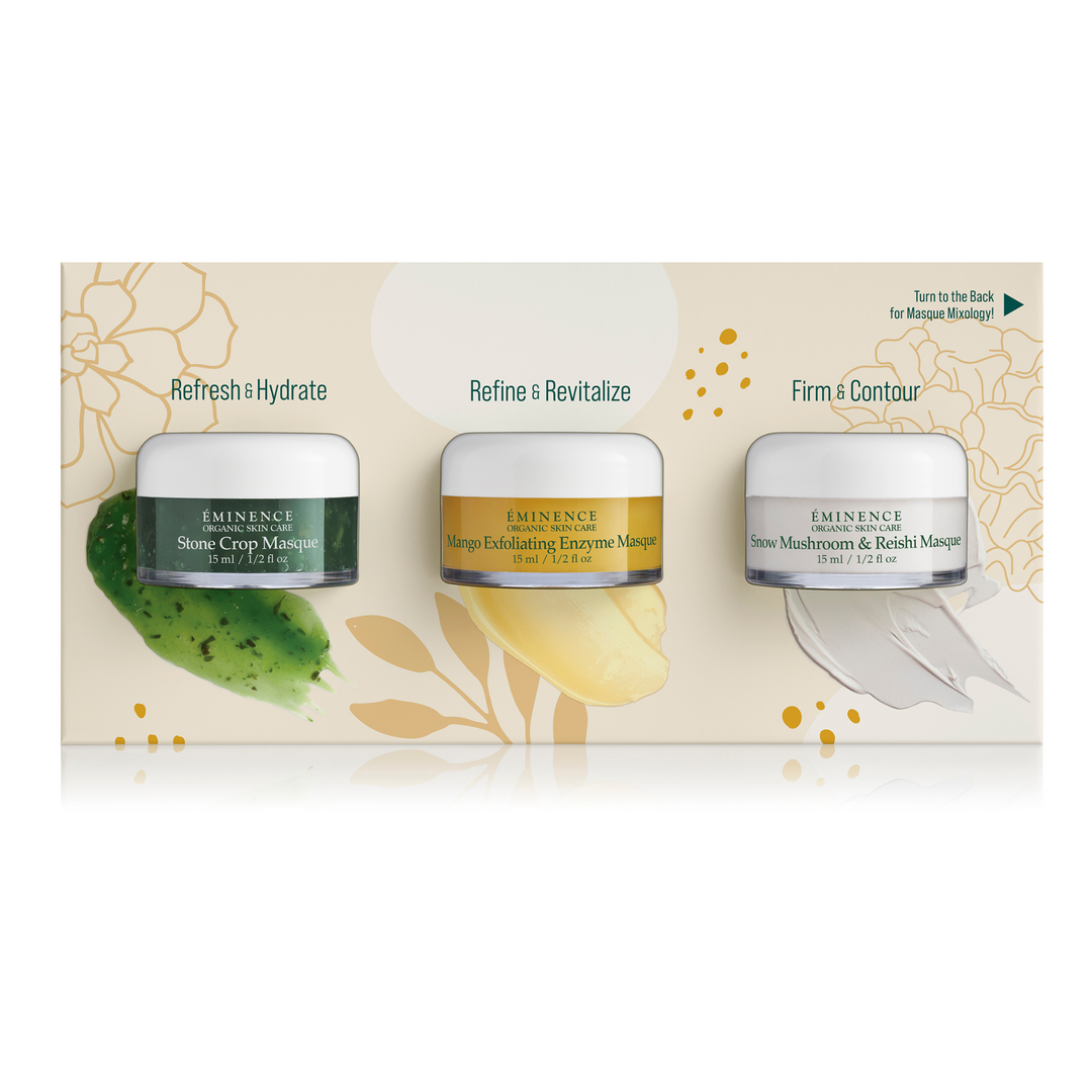 Eminence Organics Mix & Masque Trio: Refine & Restore Gift Set - Limited Edition opened with products front facing on a white background