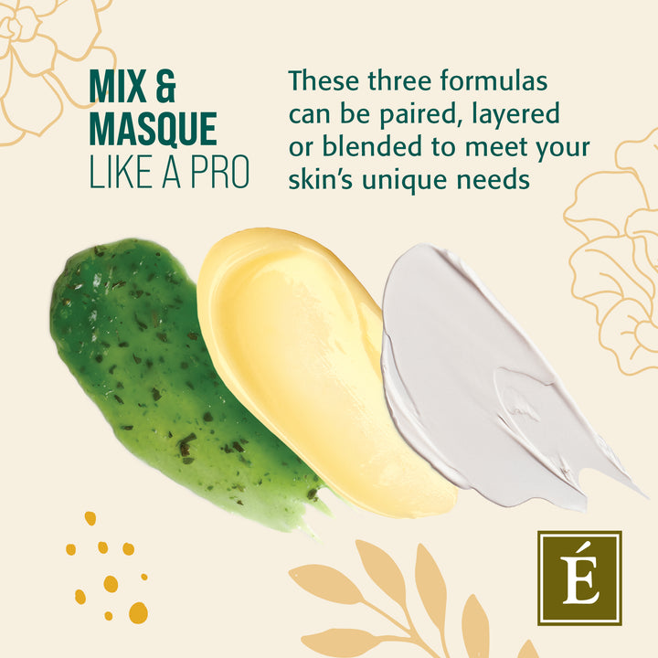 Eminence Organics Mix & Masque Trio: Refine & Restore Gift Set - Limited Edition infographic with product swatches