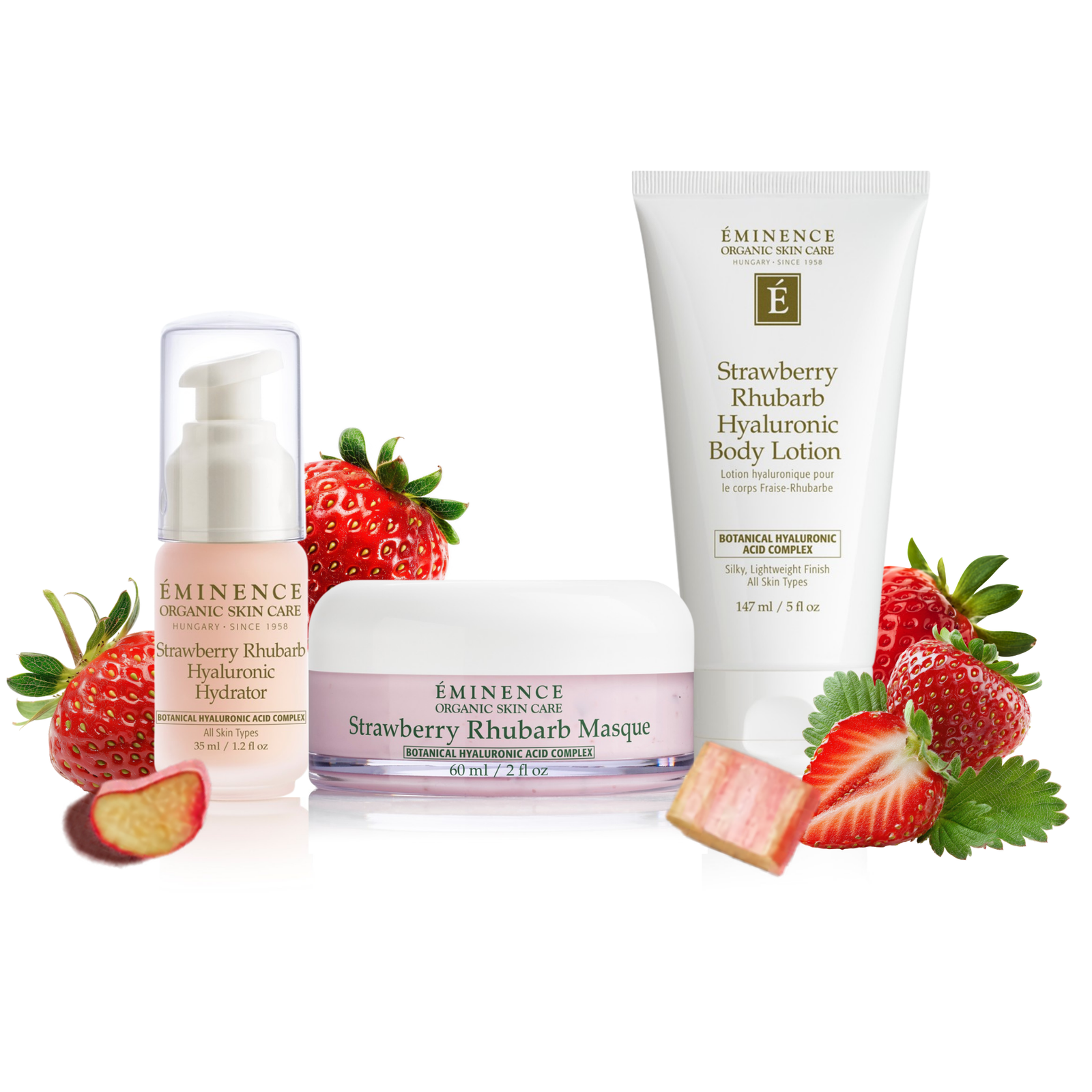 Eminence Organics Strawberry Rhubarb Trio - Limited Edition skincare products with strawberries on a white background