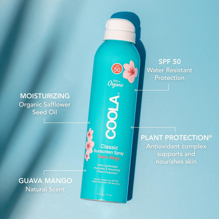COOLA Classic Body Organic Sunscreen Spray SPF 50 guava mango quick facts