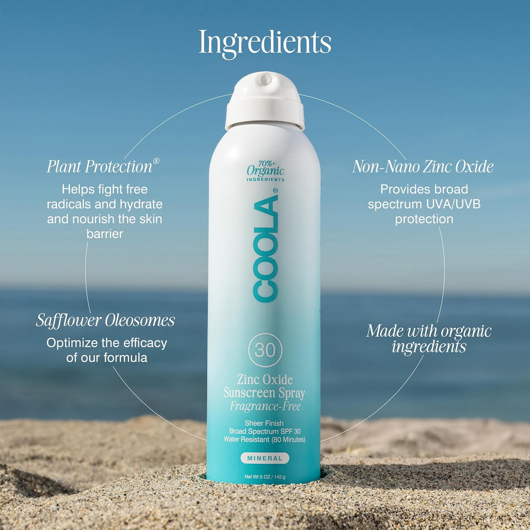 COOLA Mineral Body Organic Sunscreen Spray SPF 30 Fragrance Free ingredient spotlight