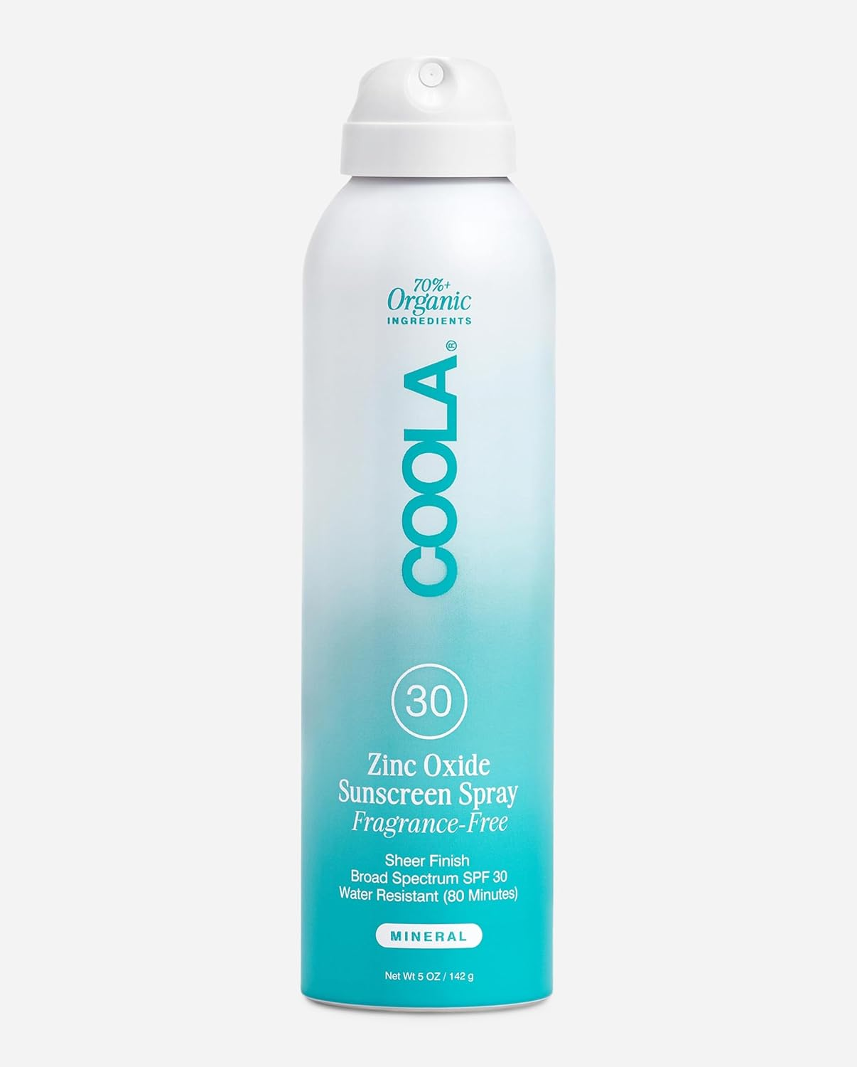A tall aerosol can of COOLA Mineral Body Organic Sunscreen Spray SPF 30 Fragrance Free with a white-to-turquoise gradient label, shown on a light gray background.