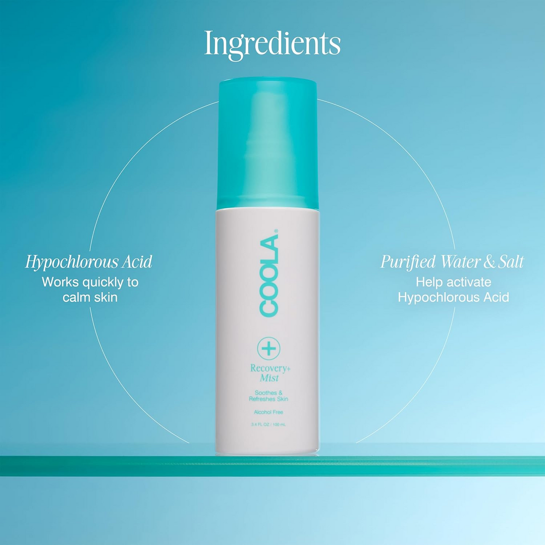 COOLA Recovery+ Mist with ingredient information on a blue background