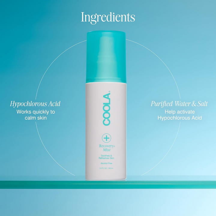 COOLA Recovery+ Mist with ingredient information on a blue background