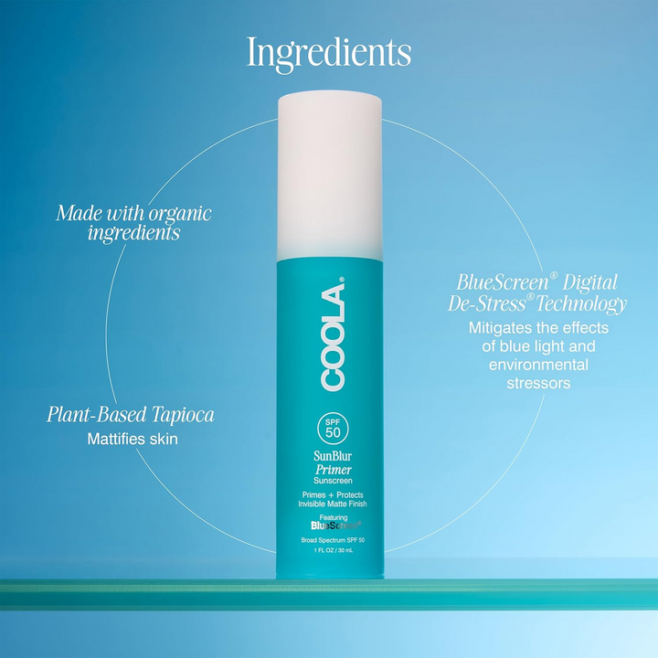 COOLA SunBlur Primer SPF 50 with product features on a blue background
