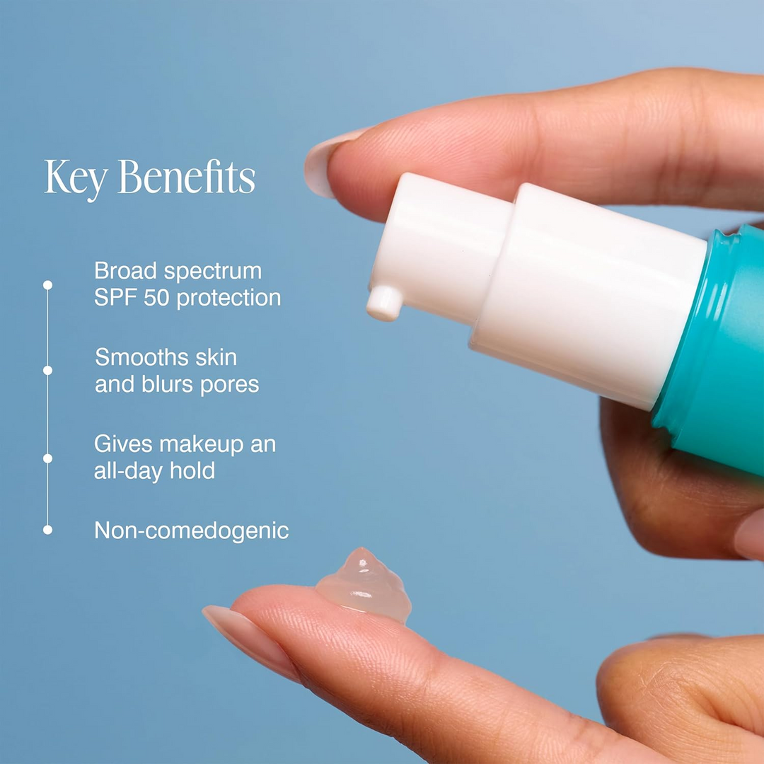 Hand holding COOLA SunBlur Primer SPF 50 with key benefits listed on a blue background