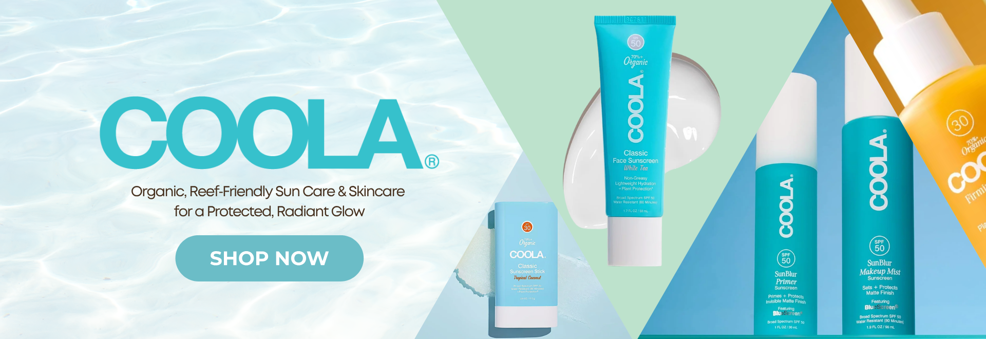Coola skincare products with 'Shop Now' button on a colorful background
