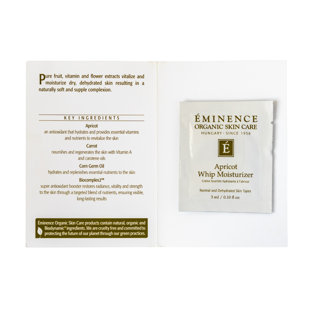 Eminence Organic Skin Care apricot whip moisturizer sample packet with key ingredients list on a white background