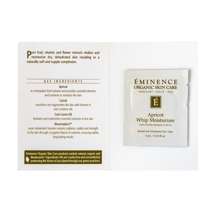 Eminence Organic Skin Care apricot whip moisturizer sample packet with key ingredients list on a white background
