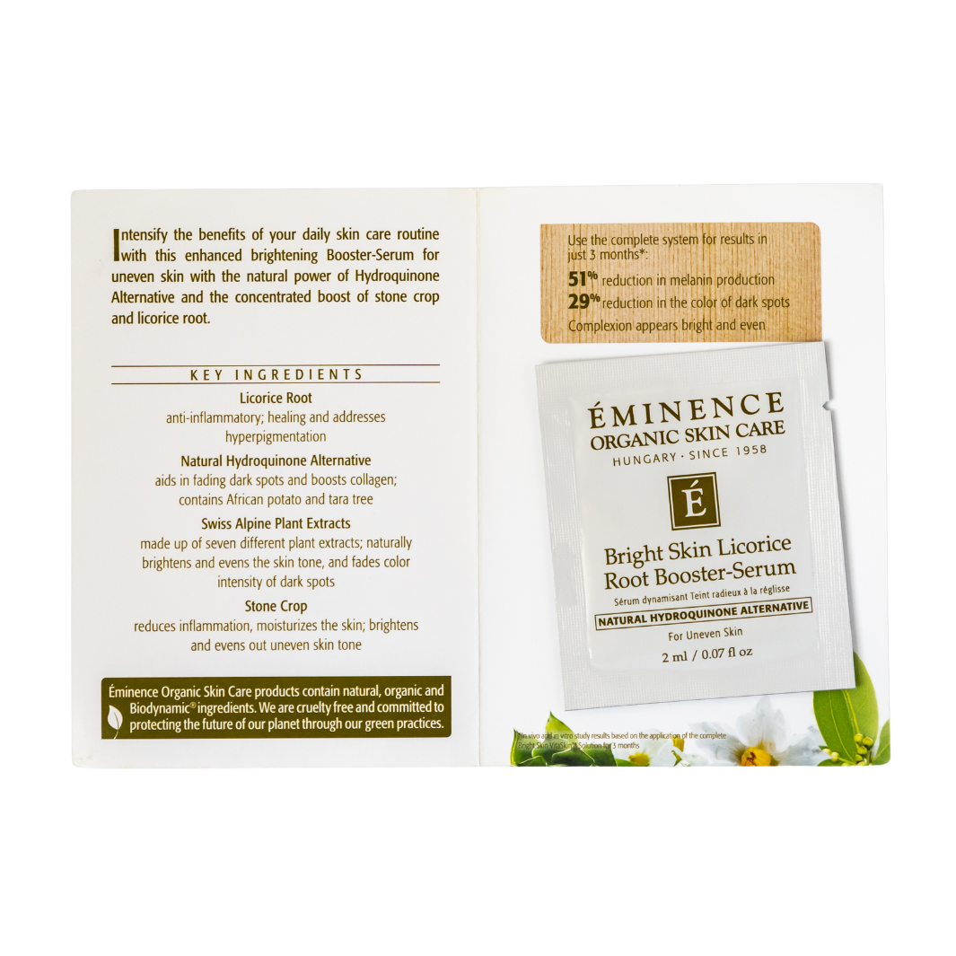 Éminence Organic Skin Care Bright Skin Licorice Root Booster Serum sample packaging on a white background