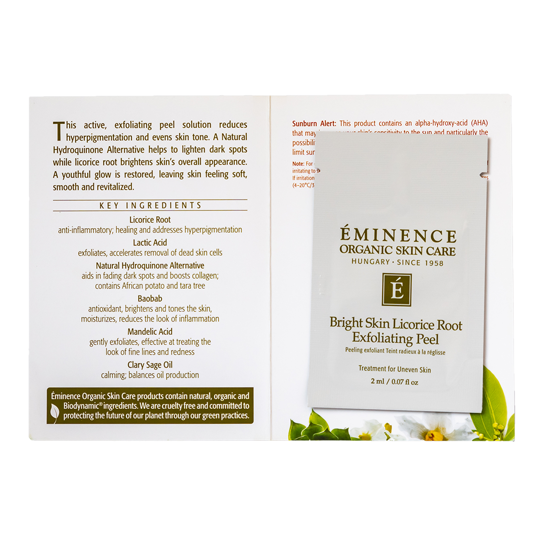 Eminence Organic Skin Care Bright Skin Licorice Root Exfoliating Peel sample packaging with text and branding.