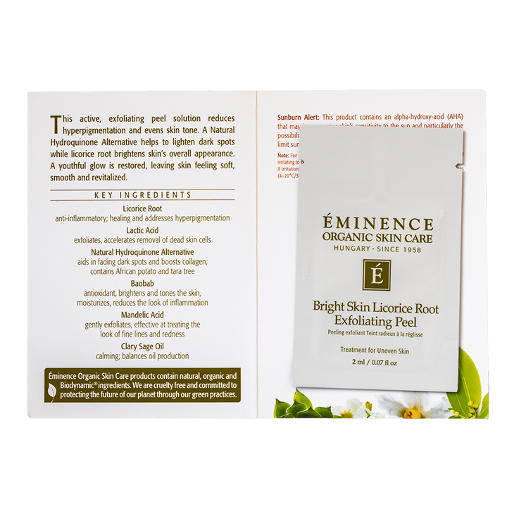 Eminence Organic Skin Care Bright Skin Licorice Root Exfoliating Peel sample packaging with text and branding.