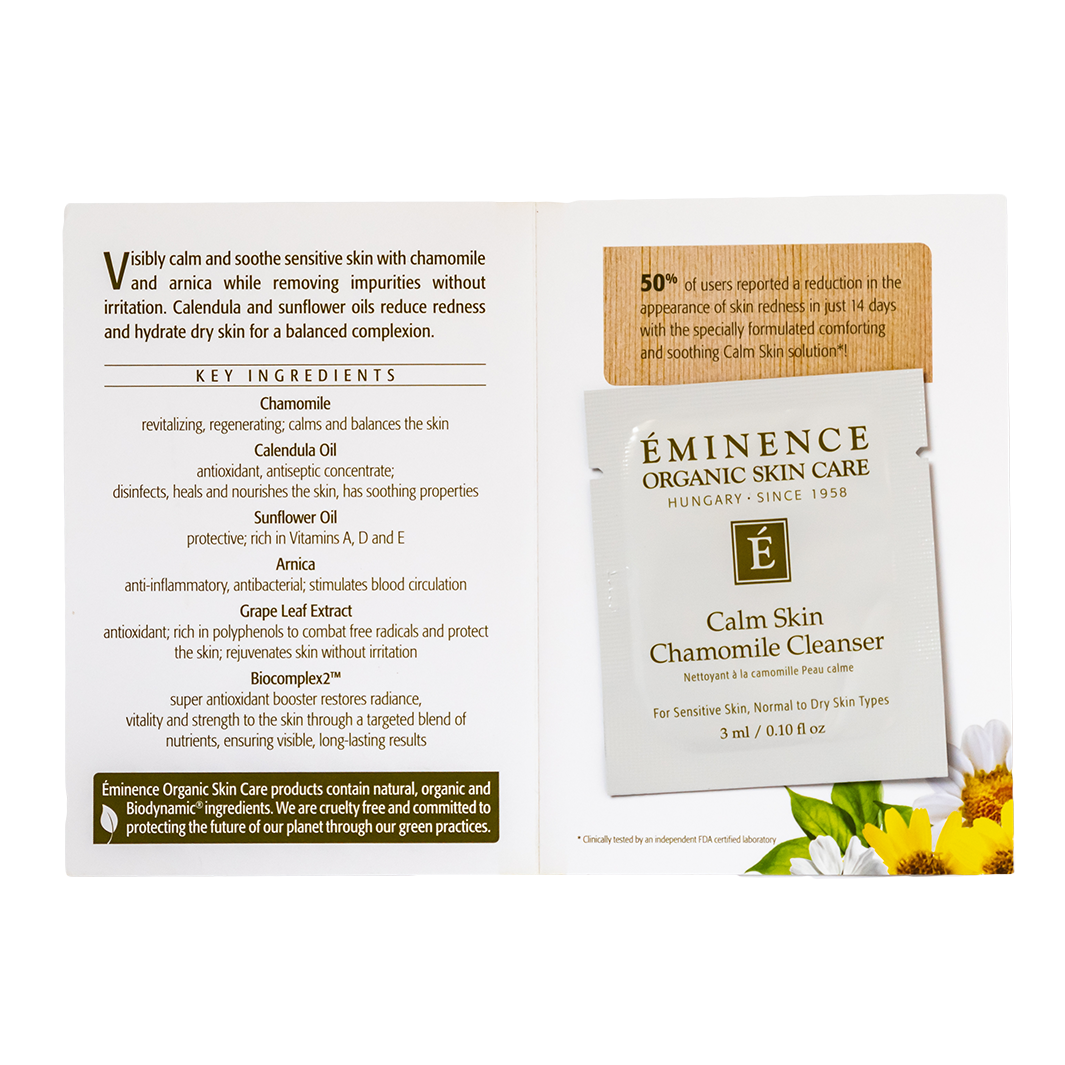 Eminence Organic Skin Care Calm Skin Chamomile Cleanser sample packaging with ingredients list on a white background