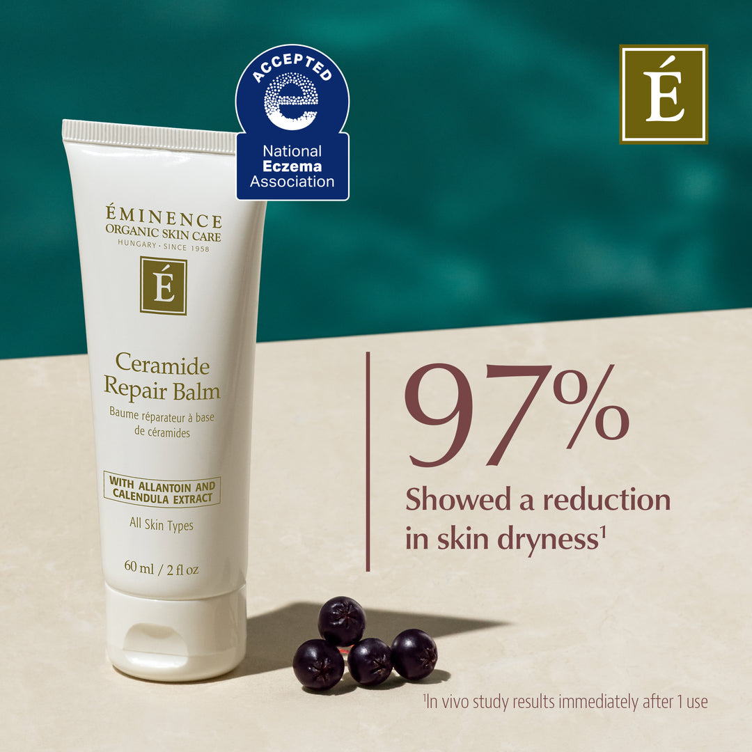 Eminence Ceramide Repair Balm with National Eczema Association acceptance badge and skincare benefits text.