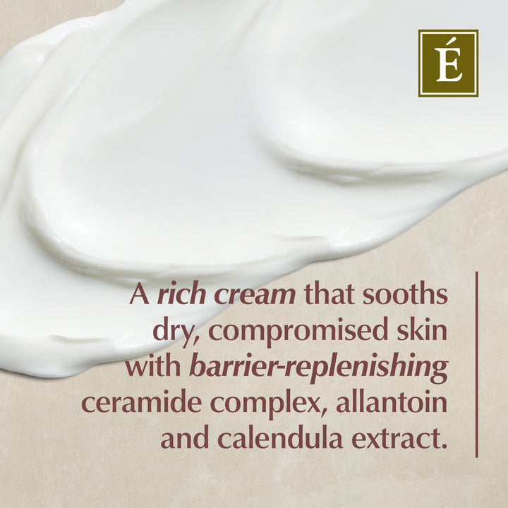 Eminence Organics Ceramide Repair Balm with text describing its benefits on a beige background