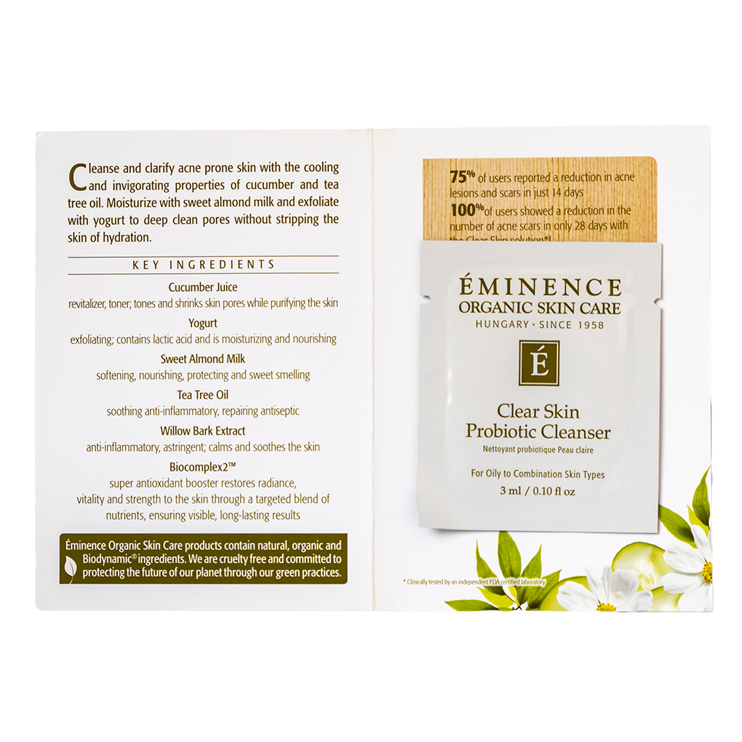 Eminence Organic Skin Care Clear Skin Probiotic Cleanser sample packaging with product details on a white background