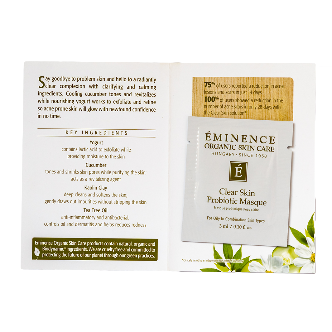 Eminence Organic Skin Care Clear Skin Probiotic Masque sample packaging with ingredients list on a white background