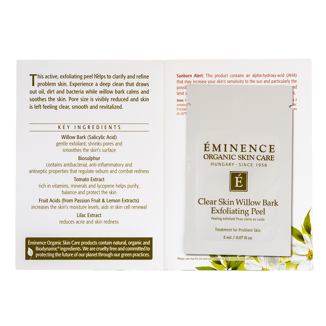 Eminence Organic Skin Care Clear Skin Willow Bark Exfoliating Peel sample packaging with text and branding.