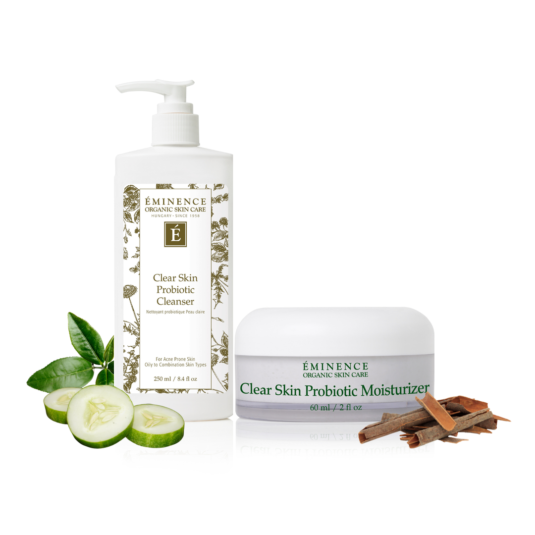 Clear Skin Probiotic Cleanser &amp; Clear Skin Probiotic Moisturizer products on a white background.