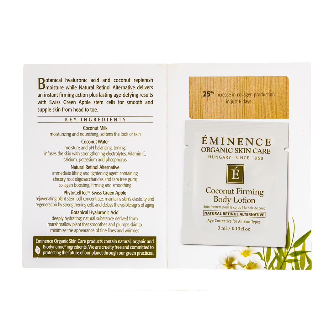 Eminence Organic Skin Care Coconut Firming Body Lotions sample size packaging with ingredients list on a white background