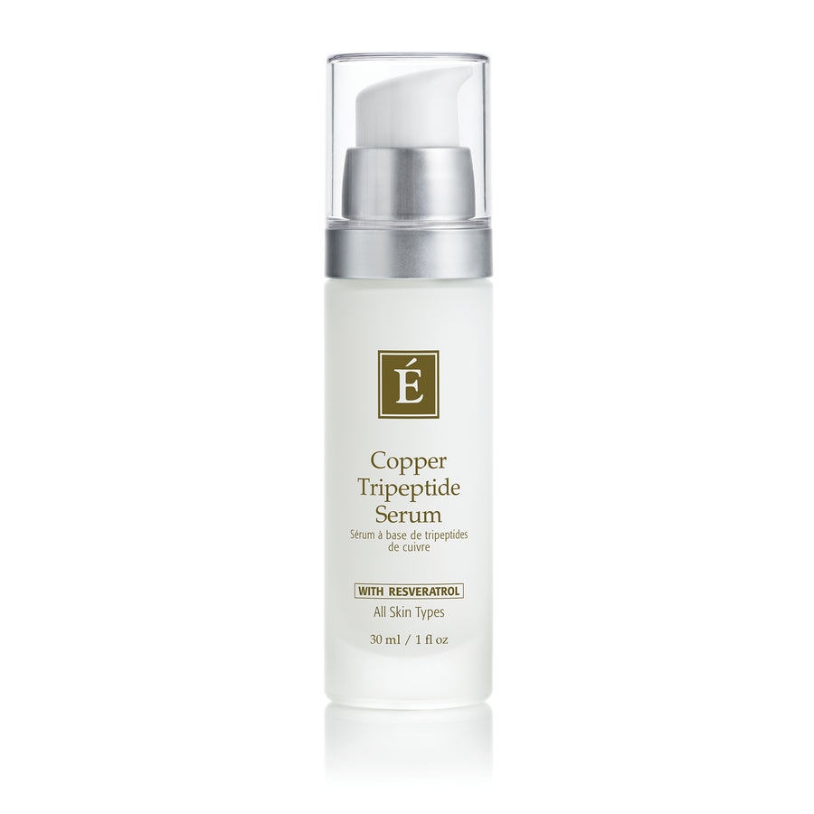 Eminence Organics Copper Tripeptide Serum bottle with silver cap on a white background