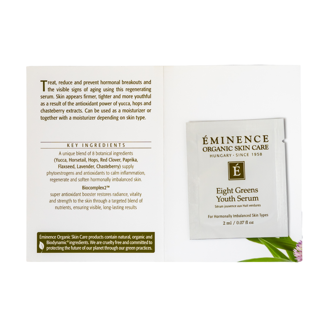 Eminence Organic Skin Care Eight Greens Youth Serum sample packaging with ingredients list on a white background
