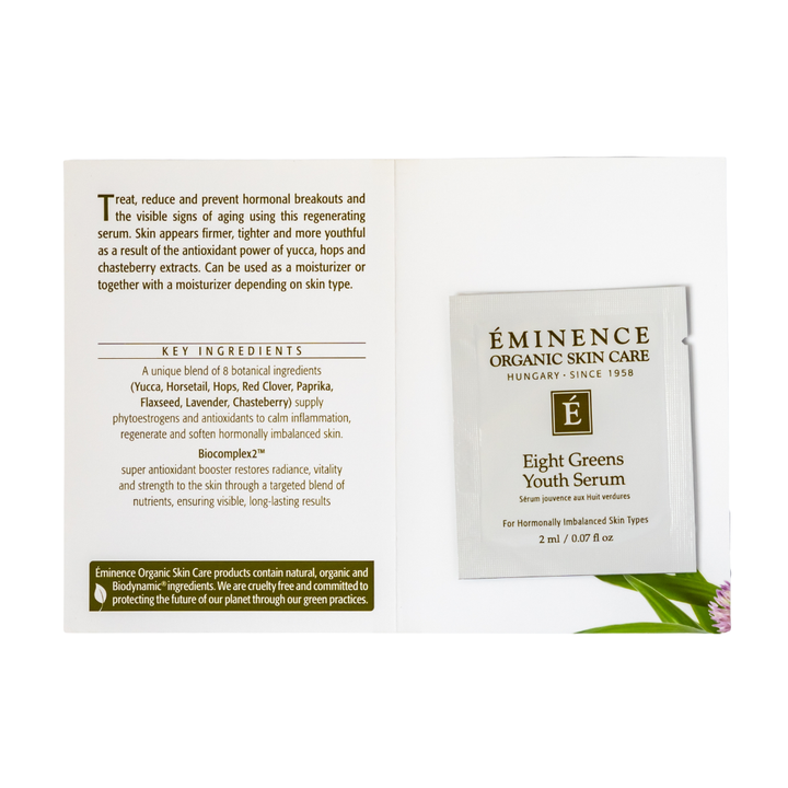 Eminence Organic Skin Care Eight Greens Youth Serum sample packaging with ingredients list on a white background
