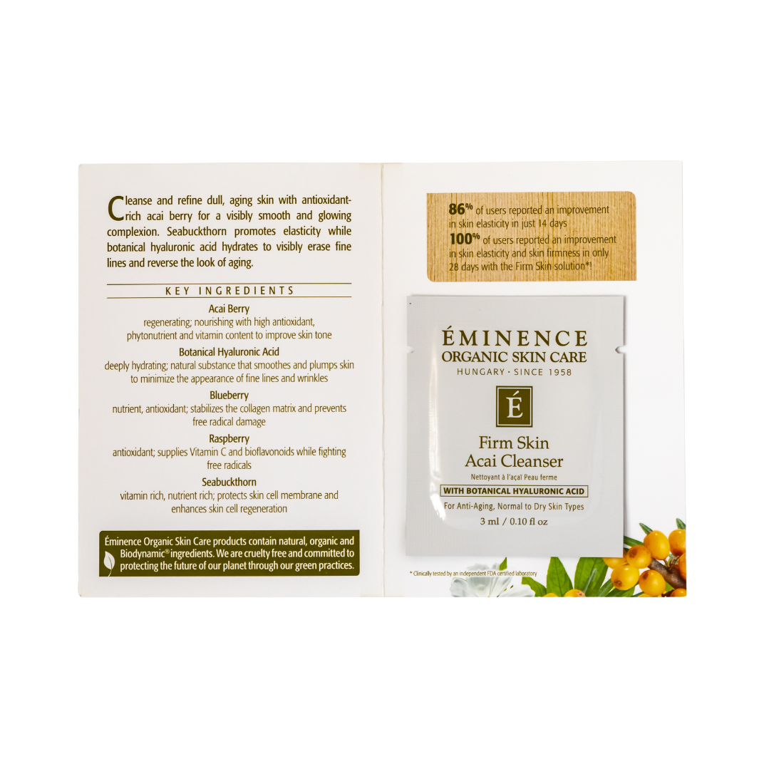 Eminence Organic Skin Care Firm Skin Acai Cleanser sample packaging with ingredients list on a white background