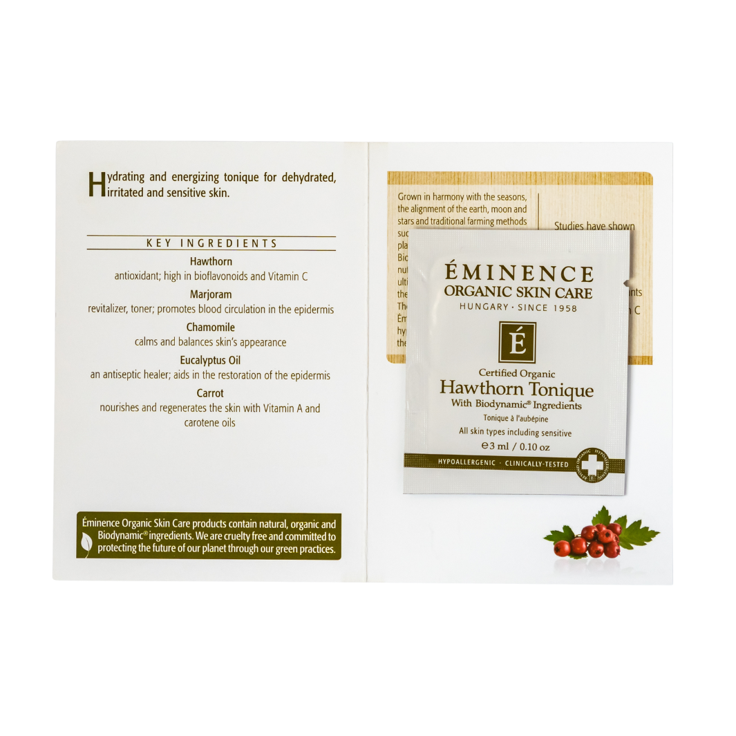 Eminence Organic Skin Care Hawthorn Tonique sample packaging with key ingredients listed on a white background