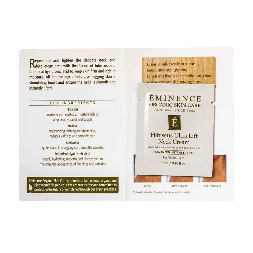 Eminence Organic Skin Care Hibiscus Ultra Lift Neck Cream sample packaging with text on a white background