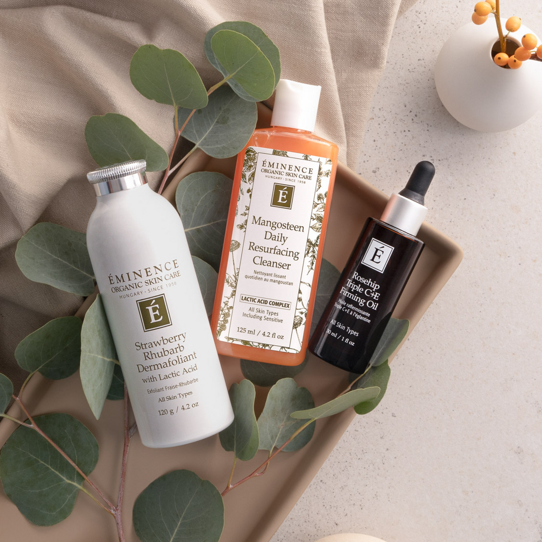 Eminence Organics Mangosteen Daily Resurfacing Cleanser grouped with Strawberry Rhubarb Dermafoliant and Rosehip Triple C+E Firming Oil