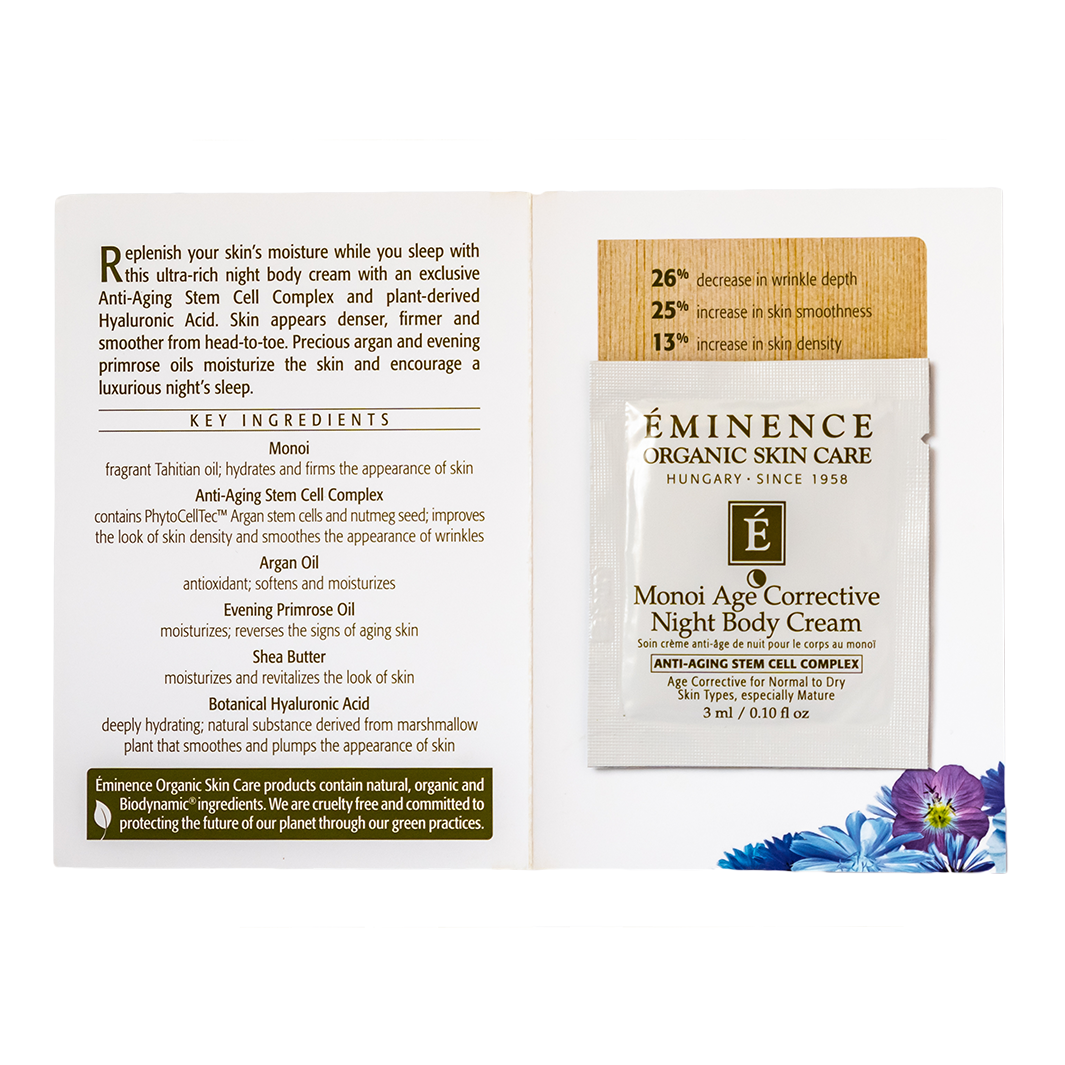 Eminence Organics Monoi Age Corrective Night Body Cream sample packaging with text and branding