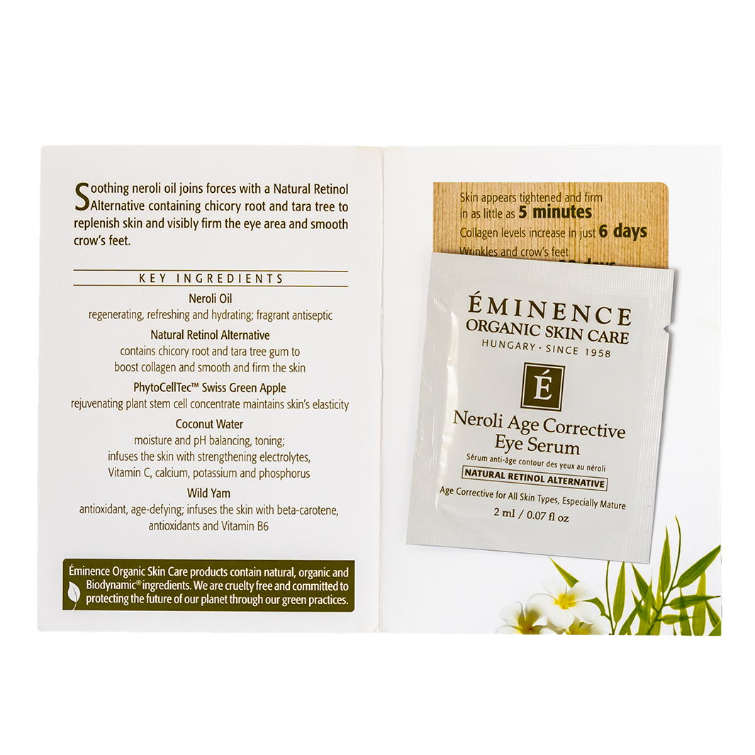 Éminence Organic Skin Care Neroli Age Corrective Eye Serum sample packaging with key ingredients list on a white background.