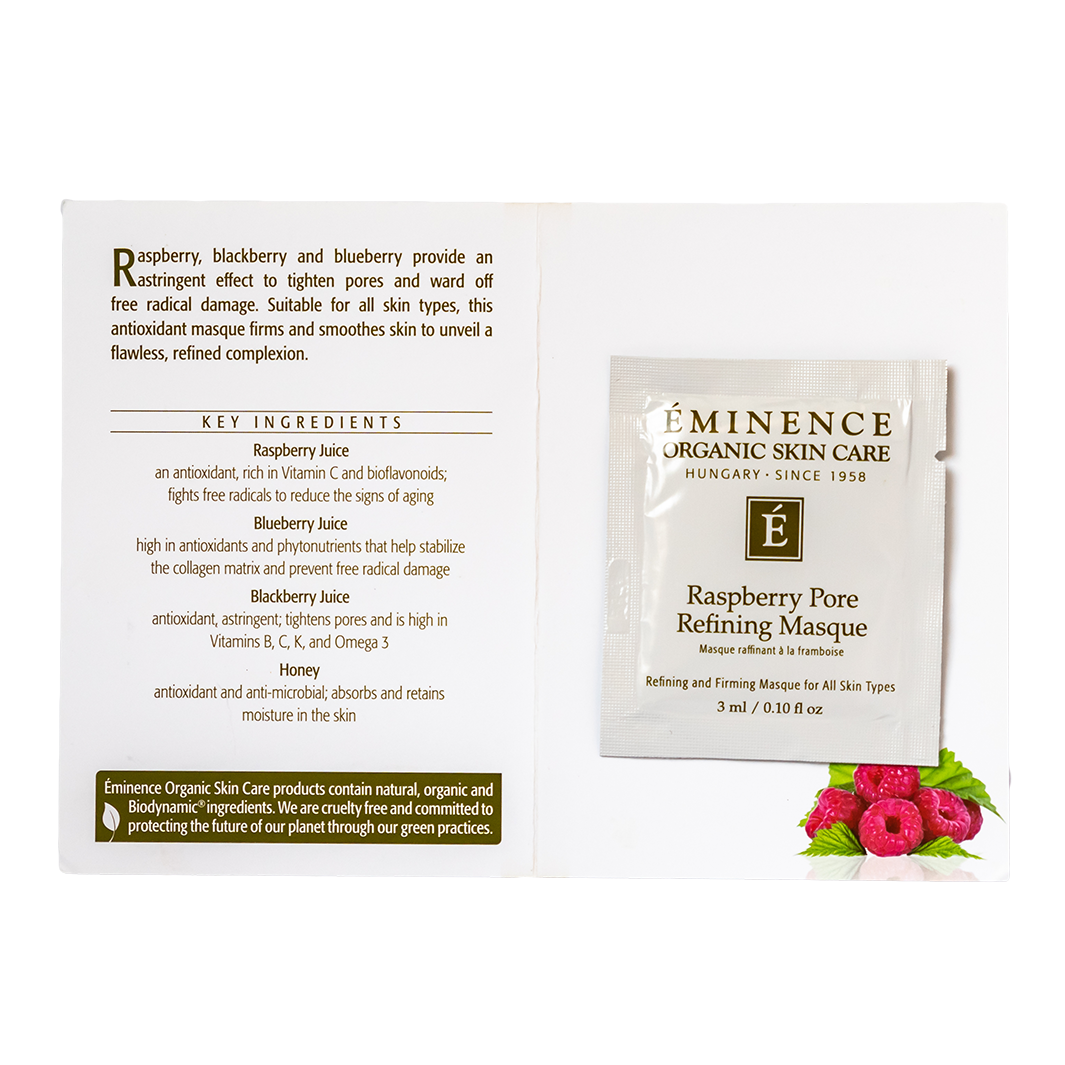 Eminence Organic Skin Care Raspberry Pore Refining Masque sample packaging with ingredients list on a white background