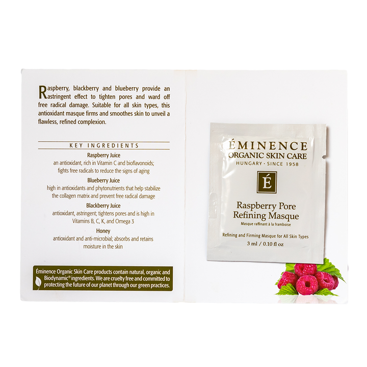 Eminence Organic Skin Care Raspberry Pore Refining Masque sample packaging with ingredients list on a white background