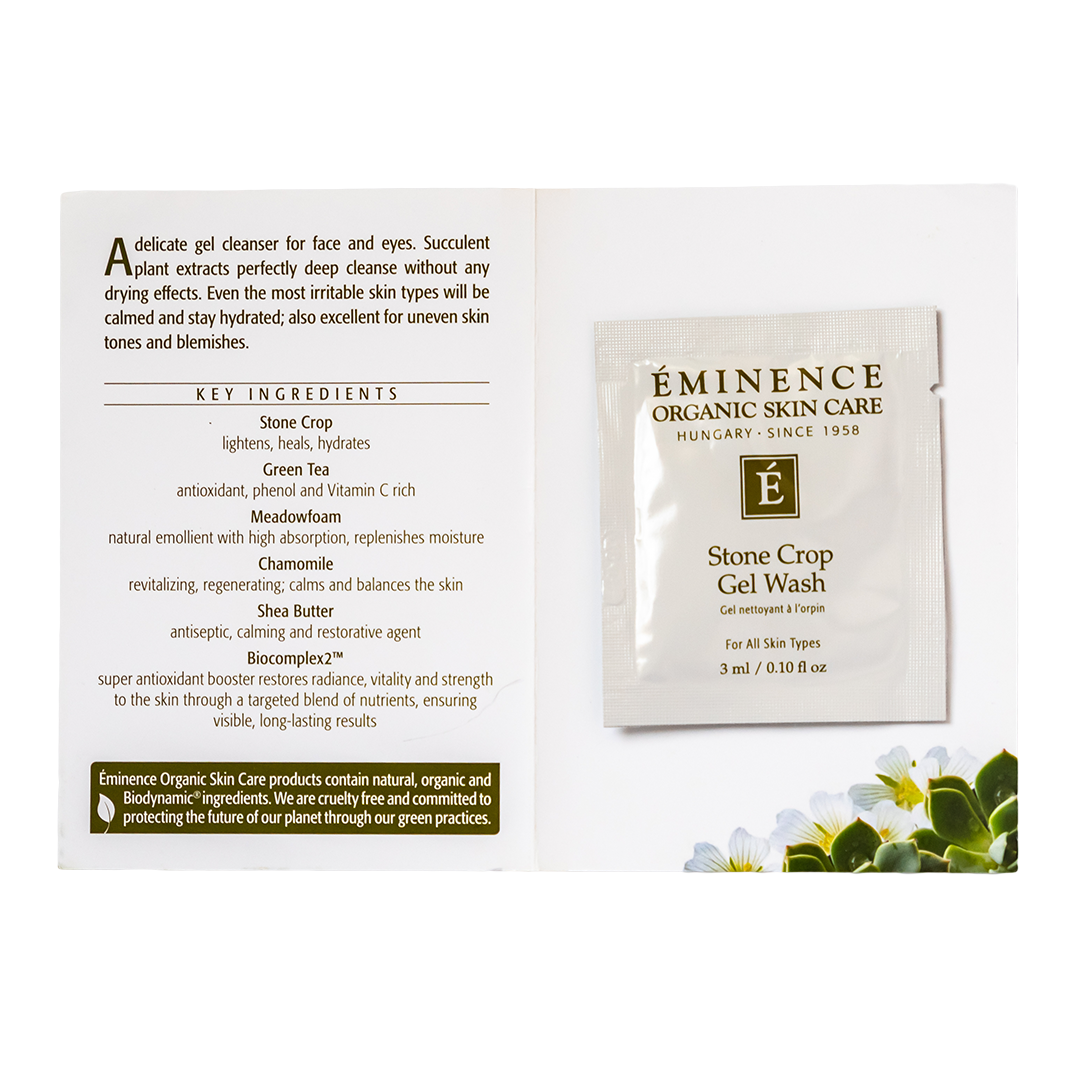 Eminence Organic Skin Care Stone Crop Gel Wash sample packet with product details on a white background