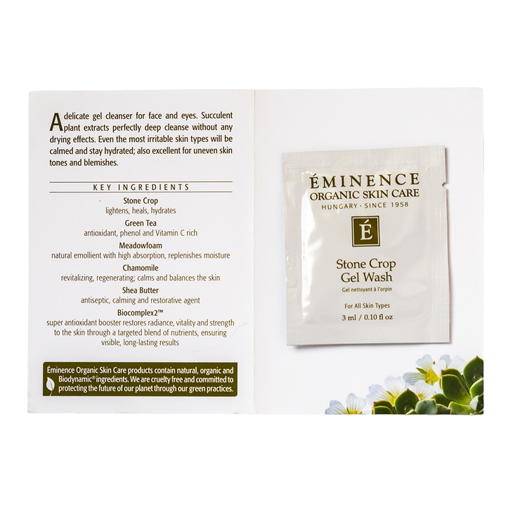 Eminence Organic Skin Care Stone Crop Gel Wash sample packet with product details on a white background