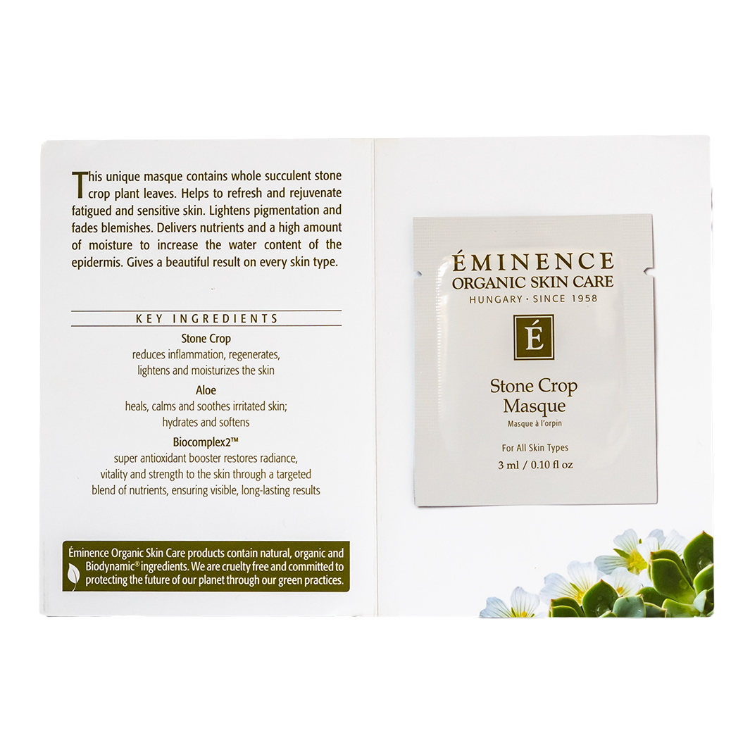 Eminence Organic Skin Care Stone Crop Masque sample packaging with text and branding.