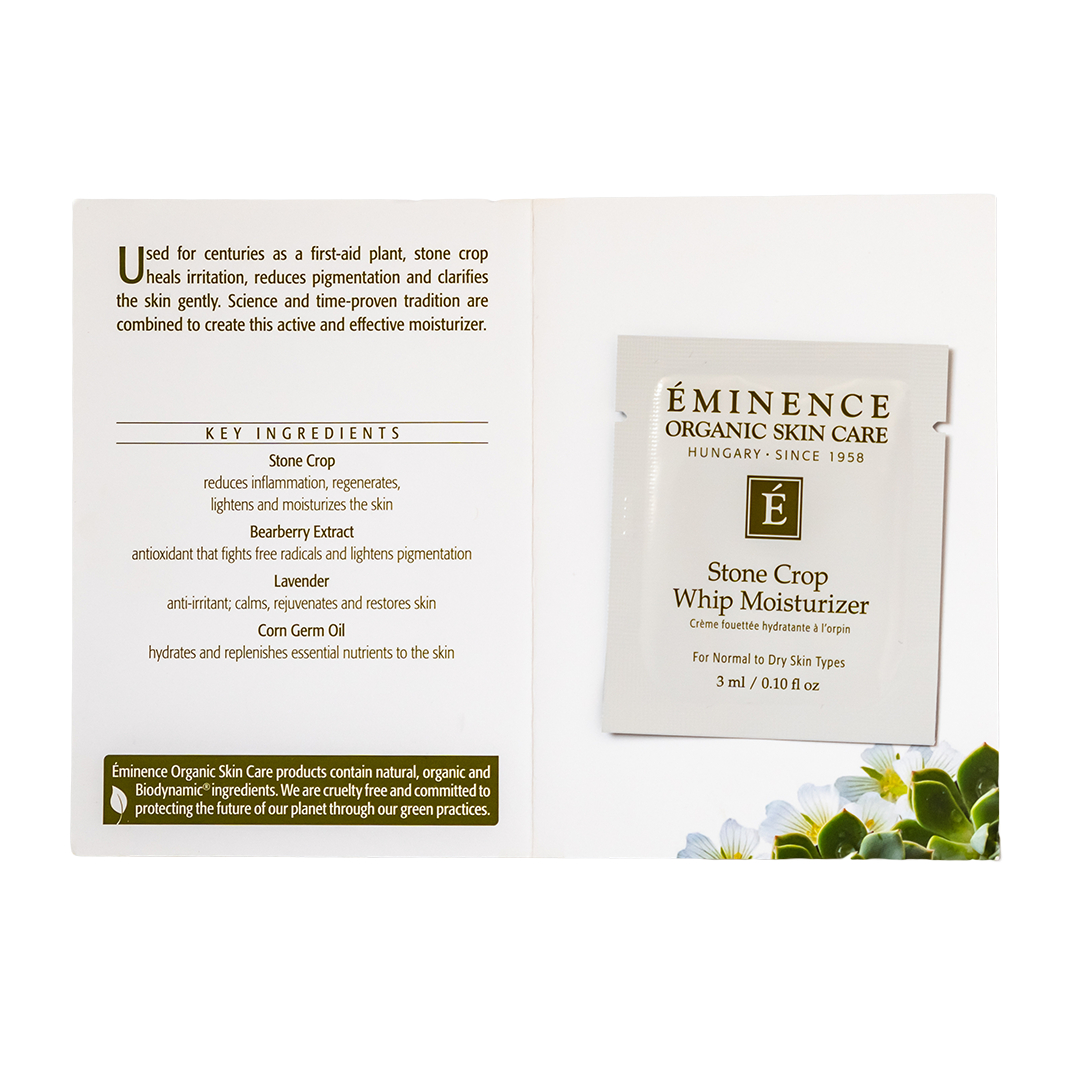 Eminence Organic Skin Care Stone Crop Whip Moisturizer sample packaging with ingredients list on a white background