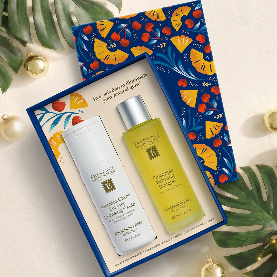Eminence Organics Superfood Icons Limited Edition Set lifestyle shot with ornament and opened box.