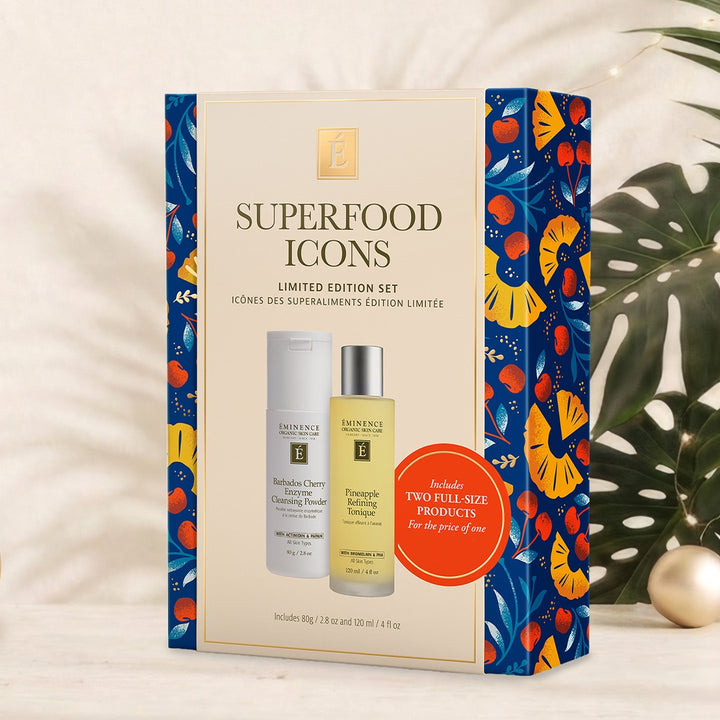 Eminence Organics Superfood Icons Limited Edition Set lifestyle shot with ornament and tree.