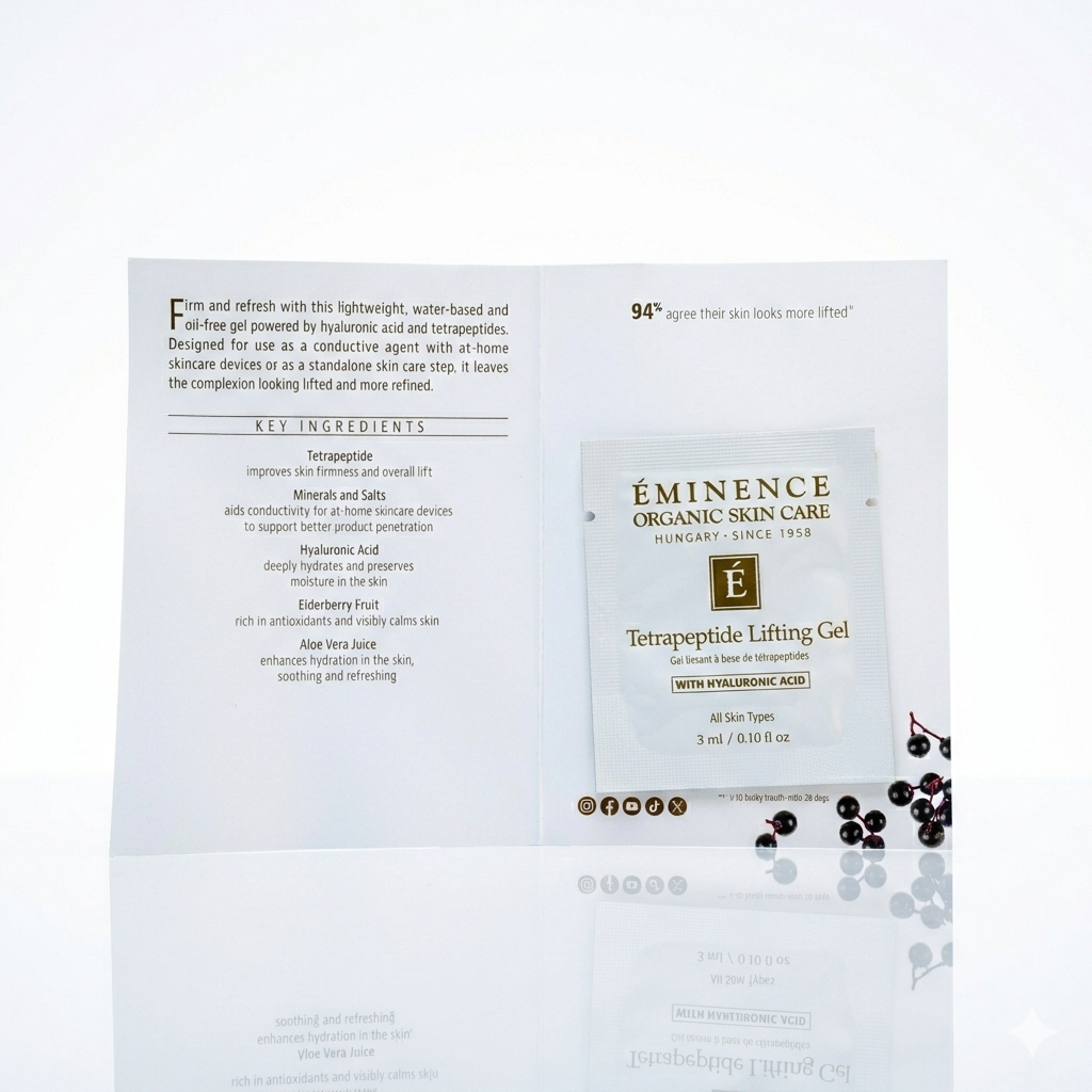 Eminence Organics Tetrapeptide Lifting Gel sample size on a white back ground