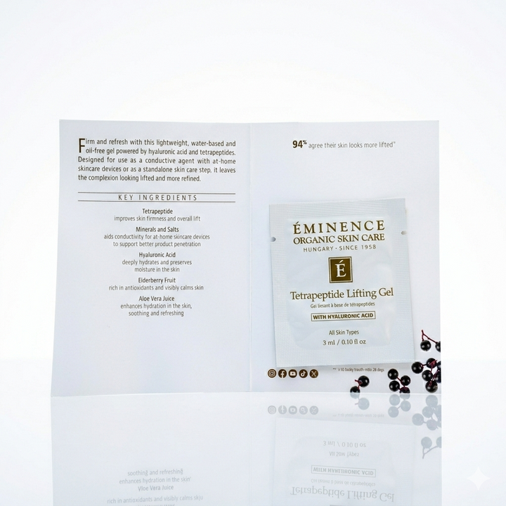 Eminence Organics Tetrapeptide Lifting Gel sample size on a white back ground