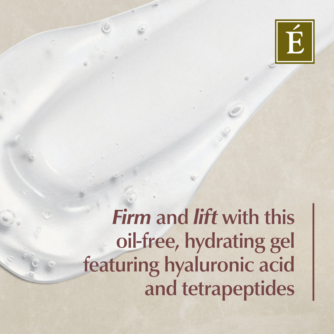 Eminence Organics Tetrapeptide Lifting Gel hyaluronic acid and tetrapeptides on a beige background