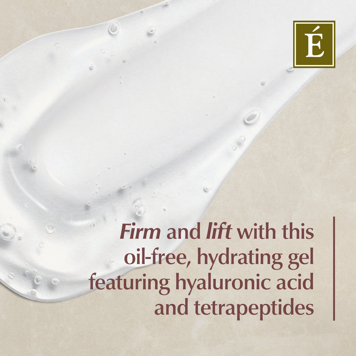 Eminence Organics Tetrapeptide Lifting Gel hyaluronic acid and tetrapeptides on a beige background