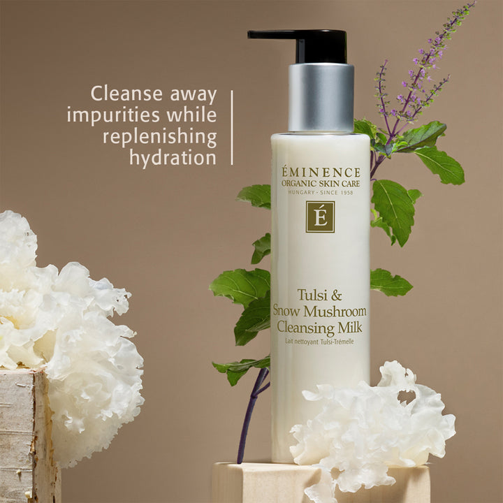 Eminence Organics Tulsi & Snow Mushroom Cleansing Milk infographic
