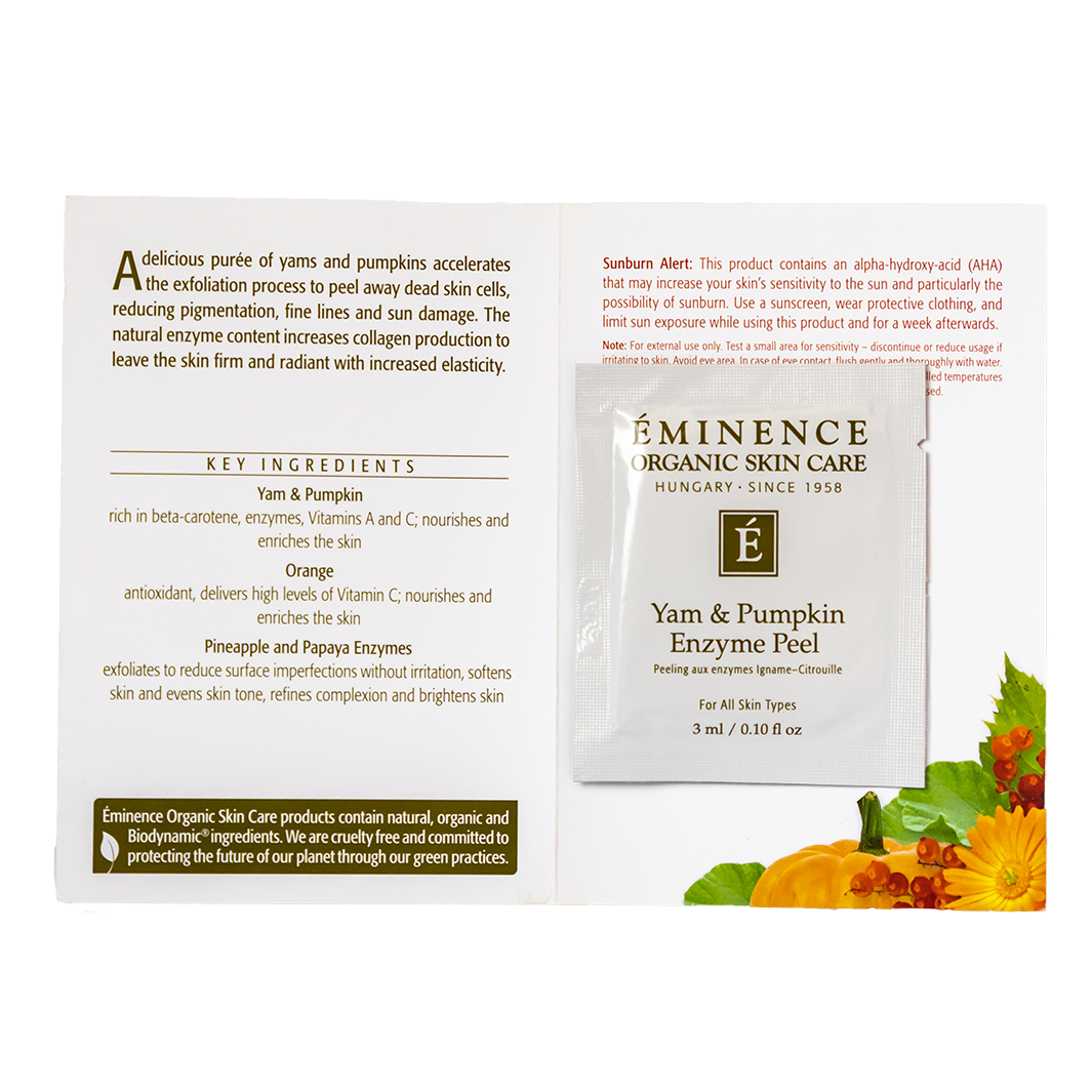 Eminence Organic Skin Care Yam and Pumpkin Enzyme Peel sanmple packaging with ingredients list on a white background