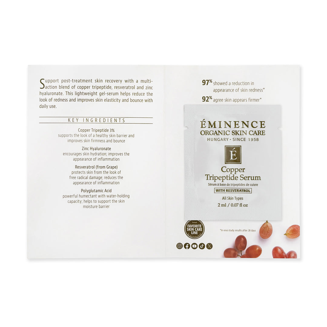 Eminence Organics Copper Tripeptide Serum sample size card shows key ingredients and usage benefits, while the packet is labeled with the brand name, product name, and copper triptide theme.