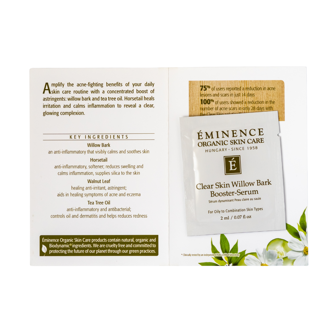 Éminence Organic Skin Care Clear Skin Willow Bark Booster Serum sample packaging with ingredients list on a white background