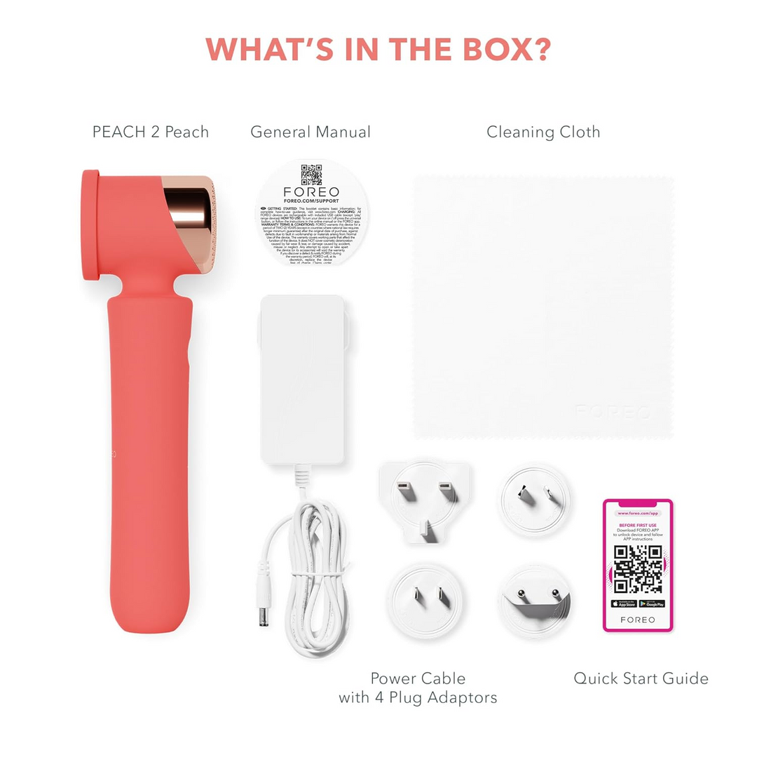 FOREO Peach 2 IPL Hair Removal Treatment Device what's in the box